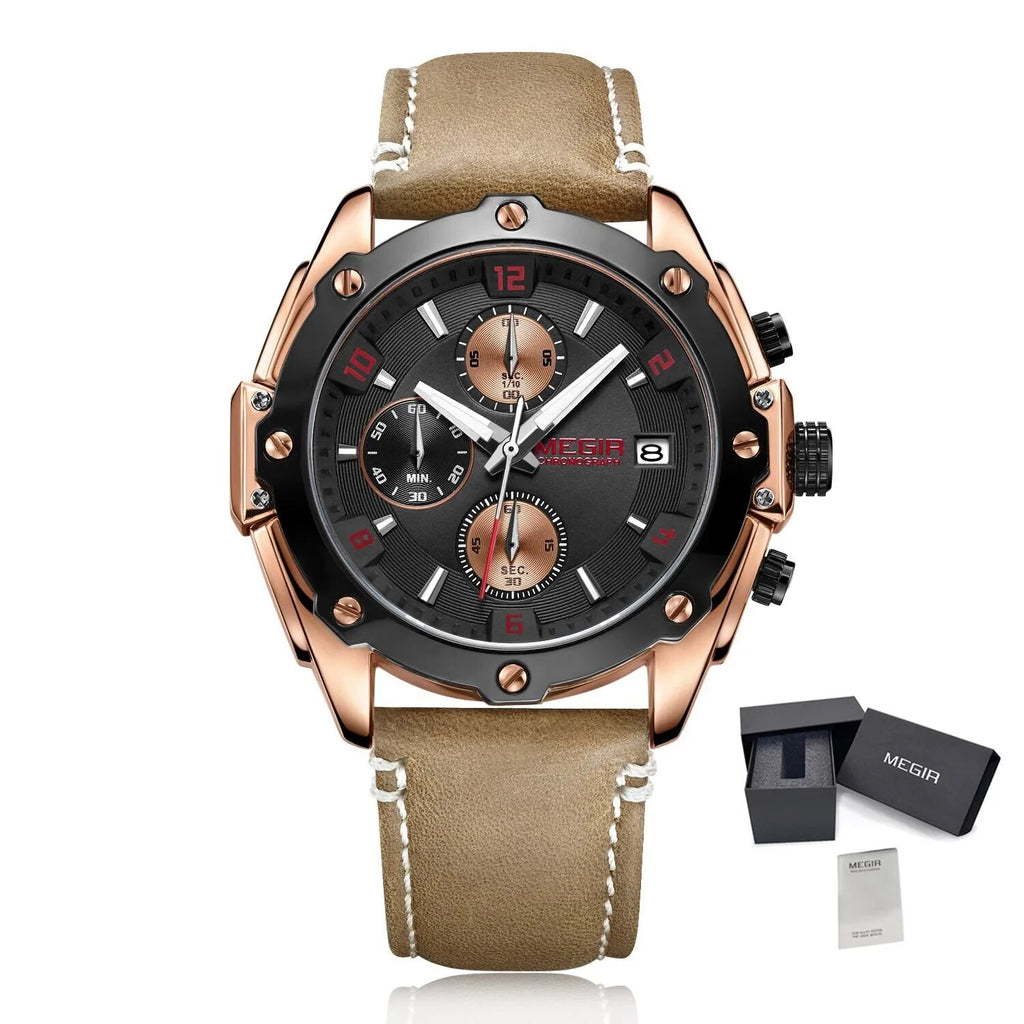 MEGIR Chronograph Men Business Watch Leather Strap Quartz Military Watch Clock Waterproof Date Clock Wristwatch Relogio Masculino 2074-14
