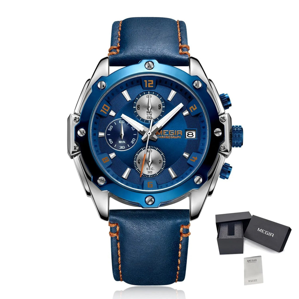 MEGIR Chronograph Men Business Watch Leather Strap Quartz Military Watch Clock Waterproof Date Clock Wristwatch Relogio Masculino 2074-16