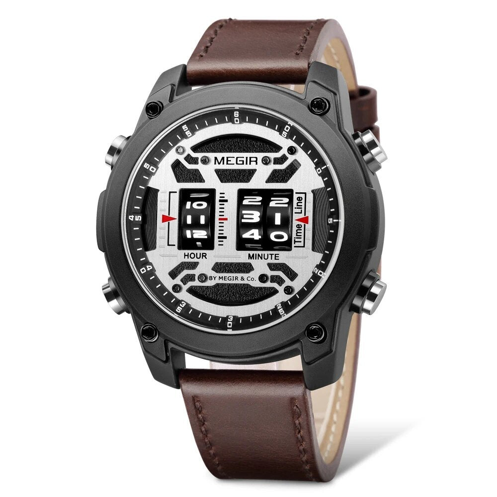 MEGIR Men's Watch Roller Business Casual Wristwatch Leather Fashion Sports Quartz Watch Chronograph Waterproof Male Clock 2142-18