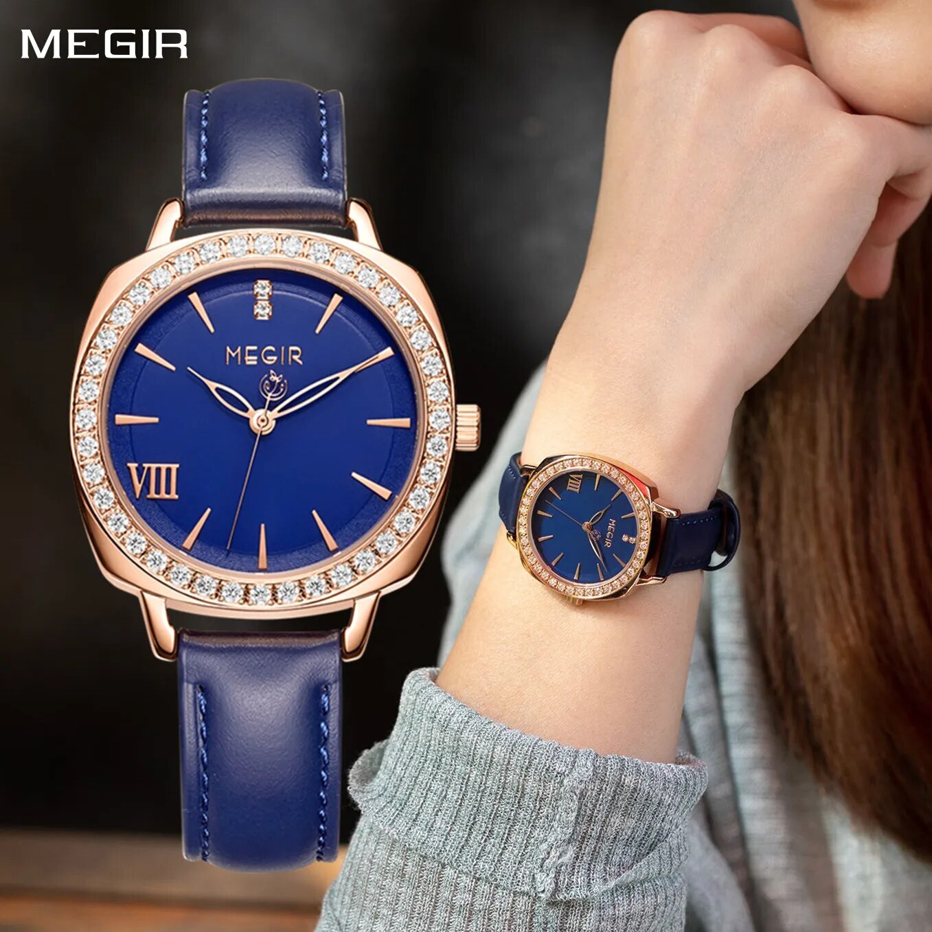 MEGIR Fashion Women Watch Luxury Diamond Leather Ladies Bracelet Watch Female Quartz Wristwatches Dress Clock Relogio Feminino 7029-0