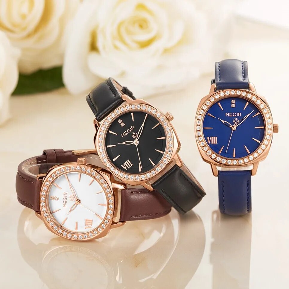 MEGIR Fashion Women Watch Luxury Diamond Leather Ladies Bracelet Watch Female Quartz Wristwatches Dress Clock Relogio Feminino 7029-3