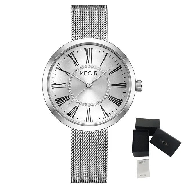 MEGIR Luxury Women Watches Fashion Quartz Watch Ladies Clock Stainless Steel Waterproof Female Watch Relogio Feminino 7014-12