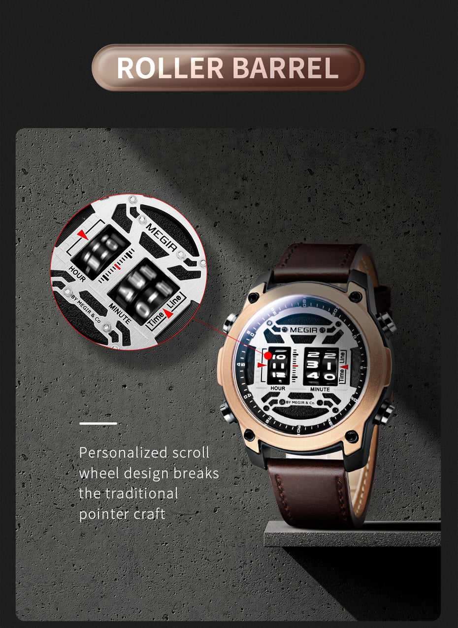 MEGIR Men's Watch Roller Business Casual Wristwatch Leather Fashion Sports Quartz Watch Chronograph Waterproof Male Clock 2142-8