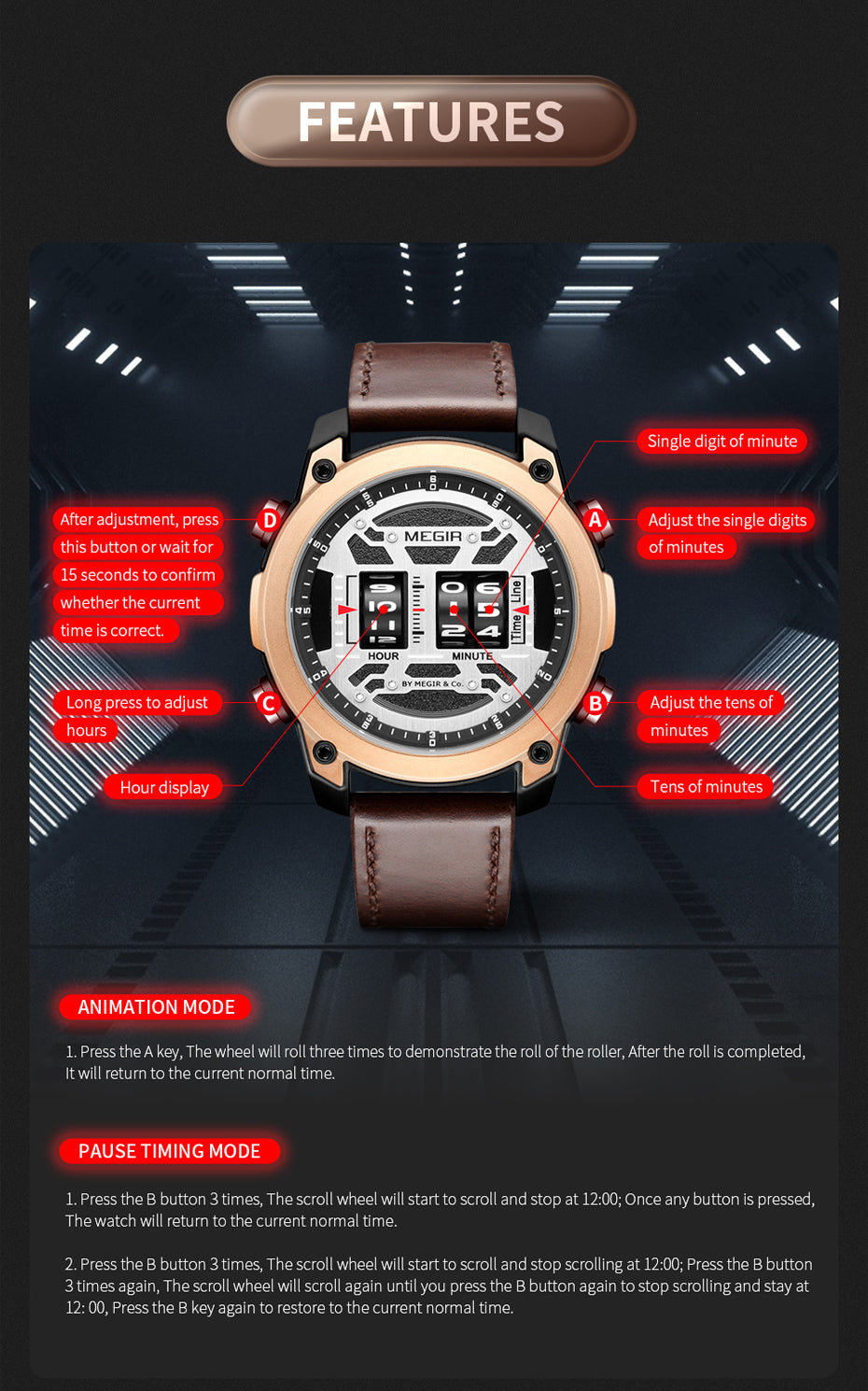 MEGIR Men's Watch Roller Business Casual Wristwatch Leather Fashion Sports Quartz Watch Chronograph Waterproof Male Clock 2142-9