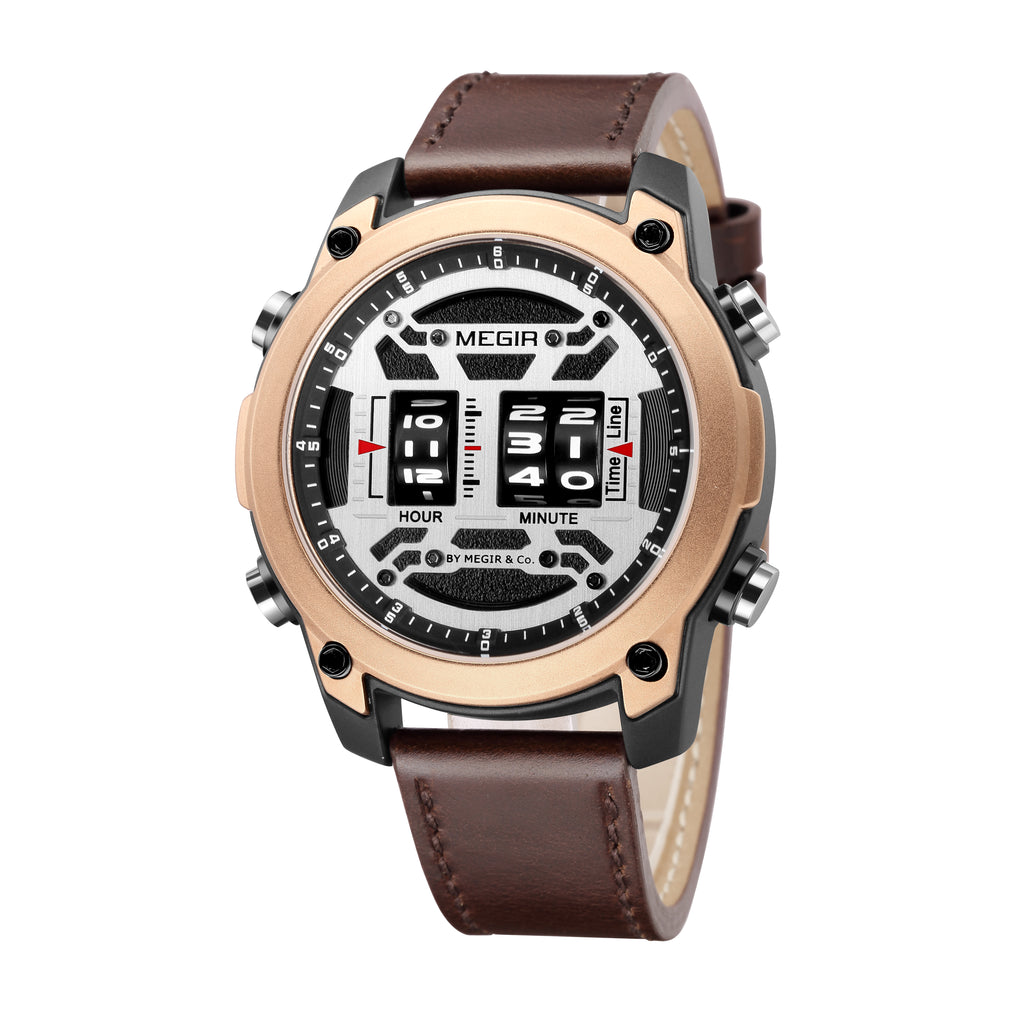 MEGIR Men's Watch Roller Business Casual Wristwatch Leather Fashion Sports Quartz Watch Chronograph Waterproof Male Clock 2142-12