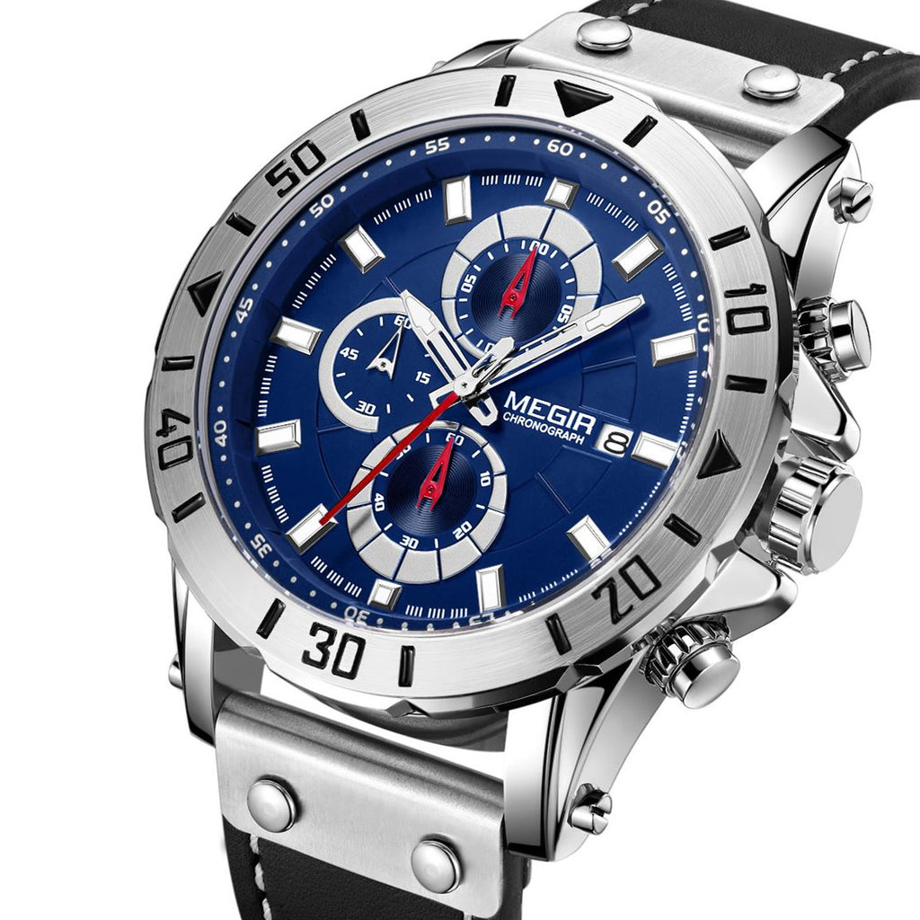 MEGIR Watch Men's Military Sport Wrist Watches Waterproof Leather Quartz Chronograph Calendar Luminous Clock Watch for Man 2081-8