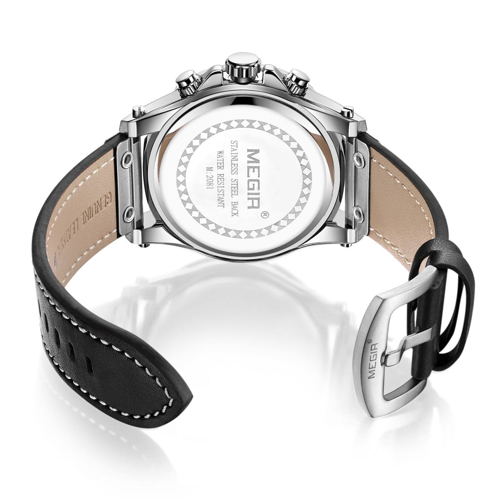 MEGIR Watch Men's Military Sport Wrist Watches Waterproof Leather Quartz Chronograph Calendar Luminous Clock Watch for Man 2081-12