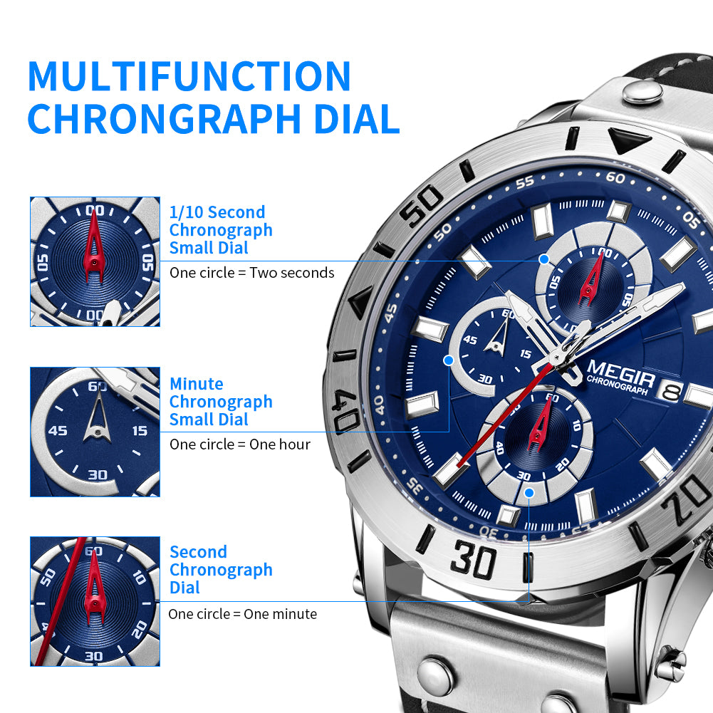 MEGIR Watch Men's Military Sport Wrist Watches Waterproof Leather Quartz Chronograph Calendar Luminous Clock Watch for Man 2081-5