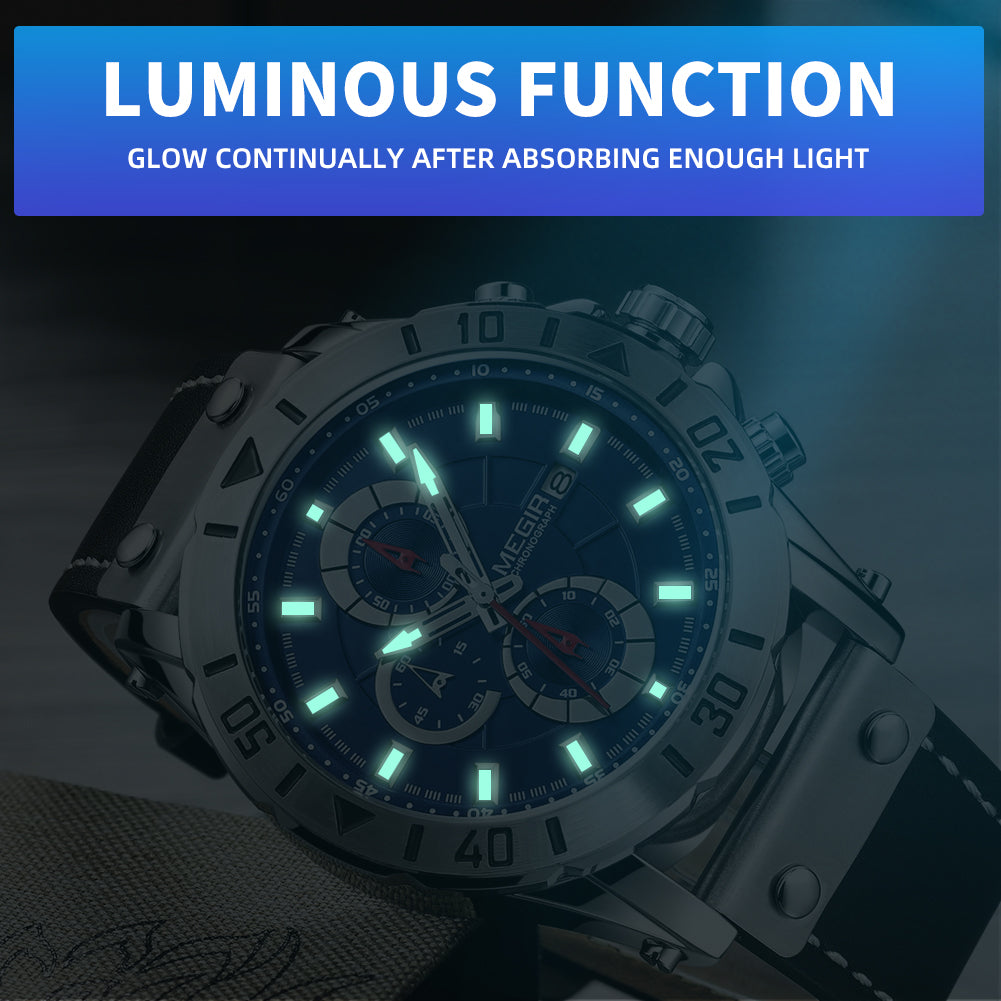 MEGIR Watch Men's Military Sport Wrist Watches Waterproof Leather Quartz Chronograph Calendar Luminous Clock Watch for Man 2081-4