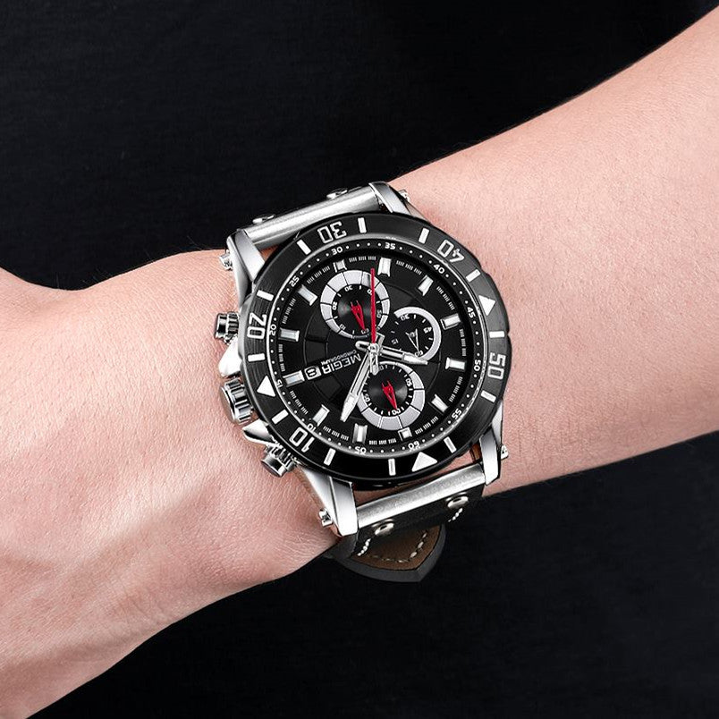 MEGIR Watch Men's Military Sport Wrist Watches Waterproof Leather Quartz Chronograph Calendar Luminous Clock Watch for Man 2081-3
