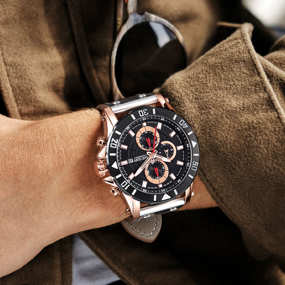 MEGIR Watch Men's Military Sport Wrist Watches Waterproof Leather Quartz Chronograph Calendar Luminous Clock Watch for Man 2081-2