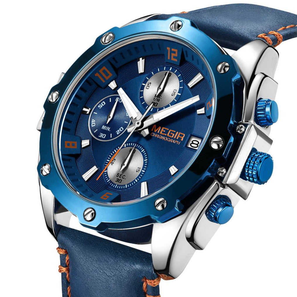 MEGIR Chronograph Men Business Watch Leather Strap Quartz Military Watch Clock Waterproof Date Clock Wristwatch Relogio Masculino 2074-12