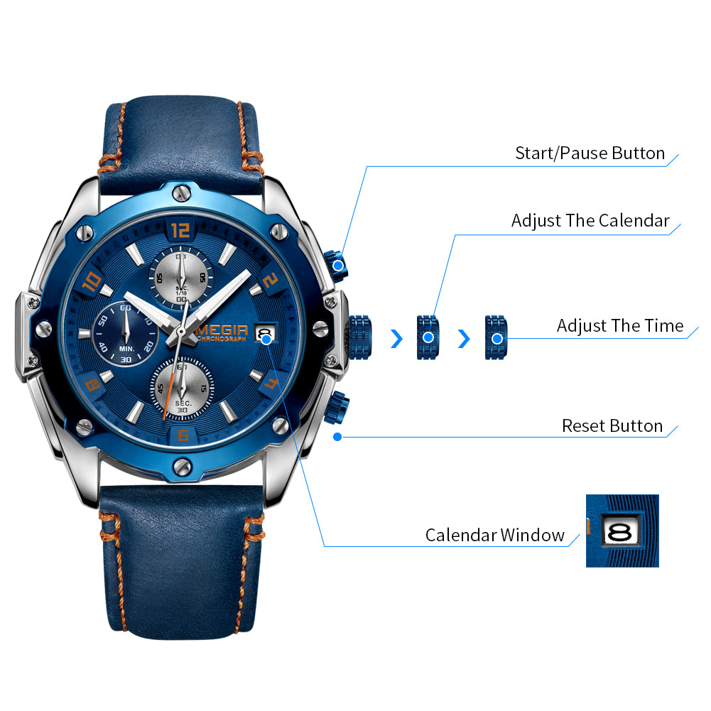 MEGIR Chronograph Men Business Watch Leather Strap Quartz Military Watch Clock Waterproof Date Clock Wristwatch Relogio Masculino 2074-7