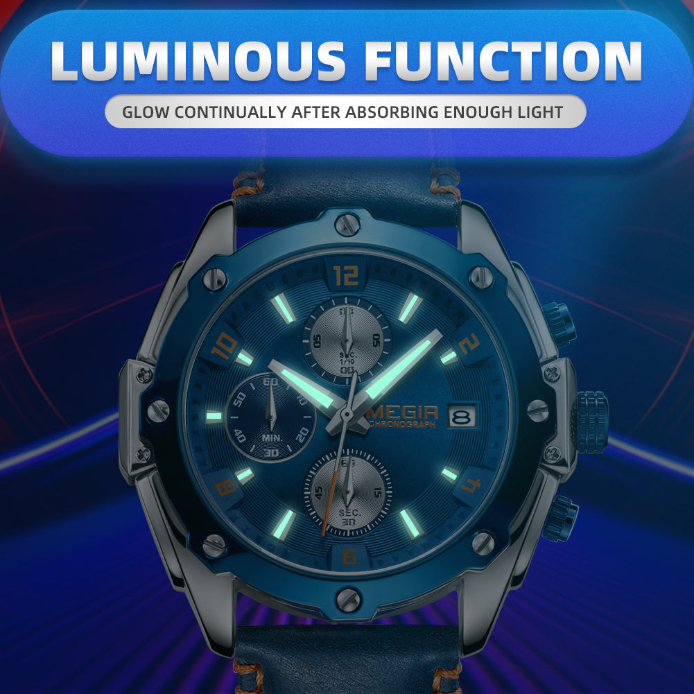 MEGIR Chronograph Men Business Watch Leather Strap Quartz Military Watch Clock Waterproof Date Clock Wristwatch Relogio Masculino 2074-5