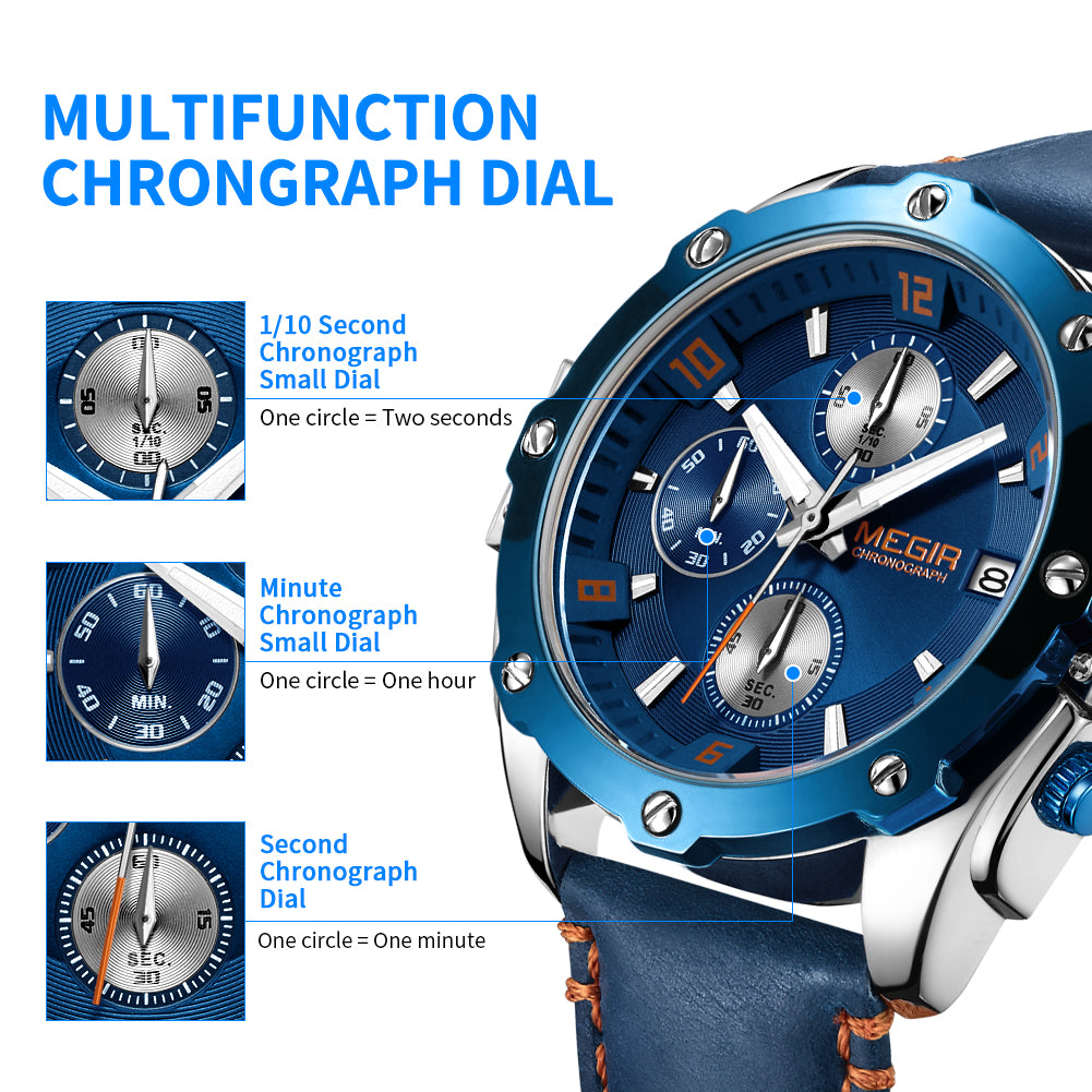 MEGIR Chronograph Men Business Watch Leather Strap Quartz Military Watch Clock Waterproof Date Clock Wristwatch Relogio Masculino 2074-6