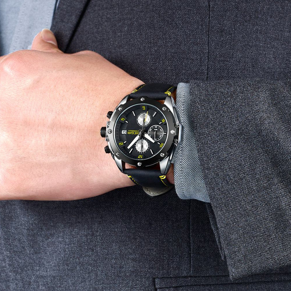 MEGIR Chronograph Men Business Watch Leather Strap Quartz Military Watch Clock Waterproof Date Clock Wristwatch Relogio Masculino 2074-4