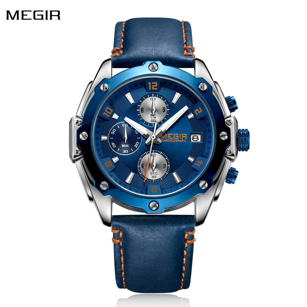 MEGIR Chronograph Men Business Watch Leather Strap Quartz Military Watch Clock Waterproof Date Clock Wristwatch Relogio Masculino 2074-0