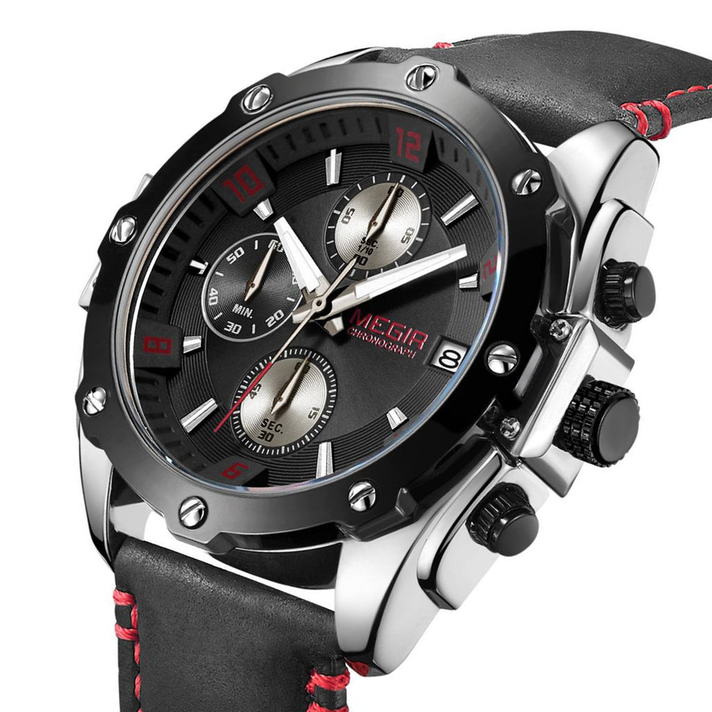 MEGIR Chronograph Men Business Watch Leather Strap Quartz Military Watch Clock Waterproof Date Clock Wristwatch Relogio Masculino 2074-9
