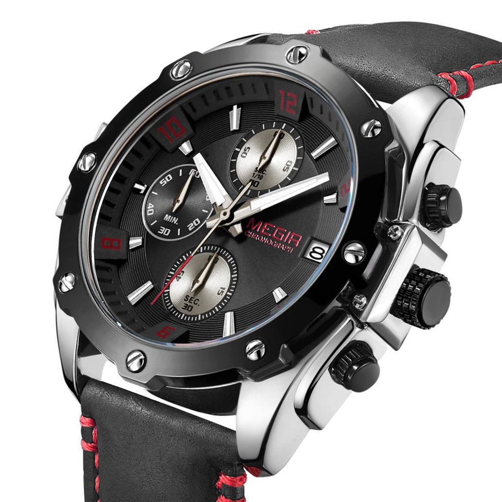 MEGIR Chronograph Men Business Watch Leather Strap Quartz Military Watch Clock Waterproof Date Clock Wristwatch Relogio Masculino 2074-9