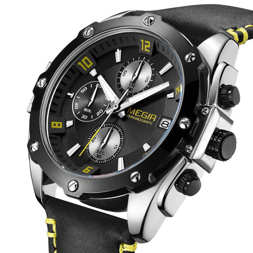 MEGIR Chronograph Men Business Watch Leather Strap Quartz Military Watch Clock Waterproof Date Clock Wristwatch Relogio Masculino 2074-10