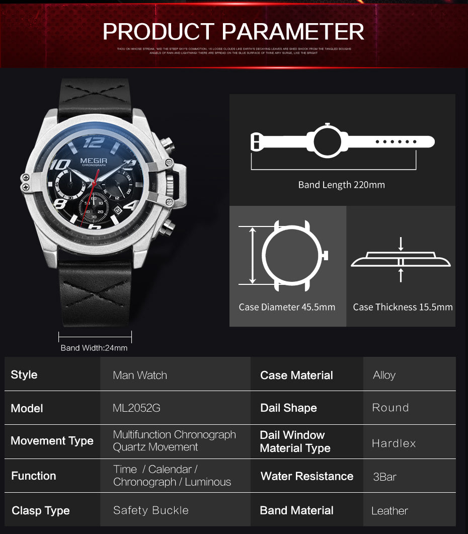 MEGIR Fashion Men Watches Leather Strap Sport Watch Chronograph Waterproof Quartz Wristwatch Clock Relogio Masculino 2052-3