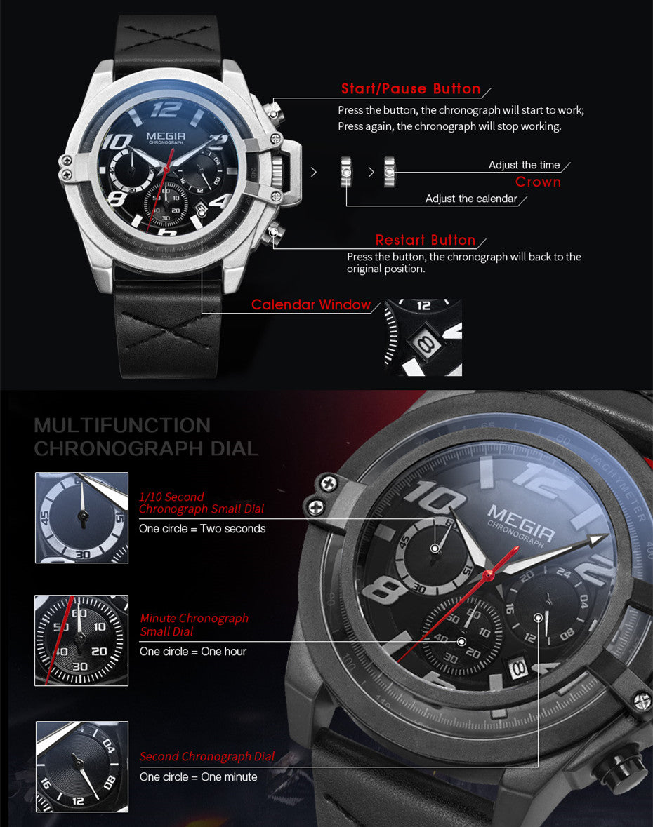 MEGIR Fashion Men Watches Leather Strap Sport Watch Chronograph Waterproof Quartz Wristwatch Clock Relogio Masculino 2052-4