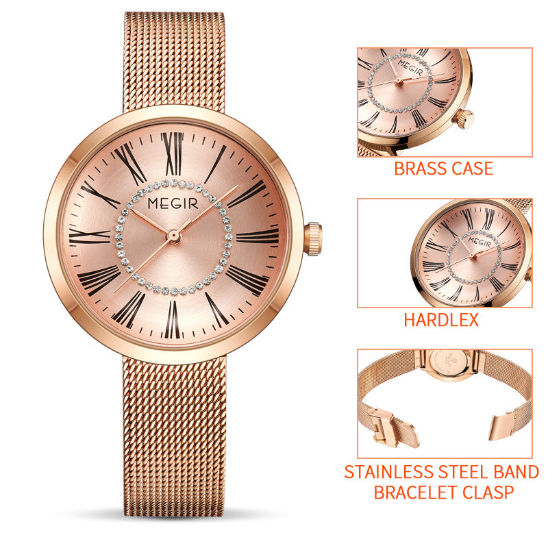 MEGIR Luxury Women Watches Fashion Quartz Watch Ladies Clock Stainless Steel Waterproof Female Watch Relogio Feminino 7014-5