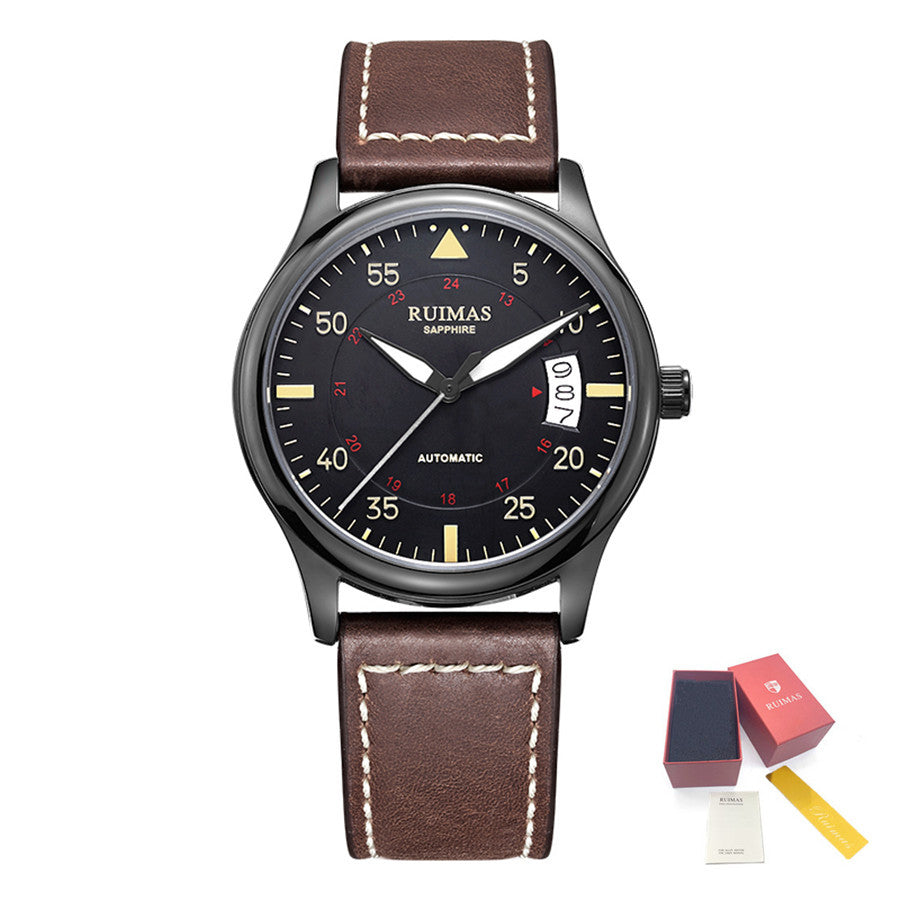 RUIMAS Men Watches Fashion Automatic Mechanical Watch Date Waterproof Business Clock Leather Strap Wristwatch 6725-10