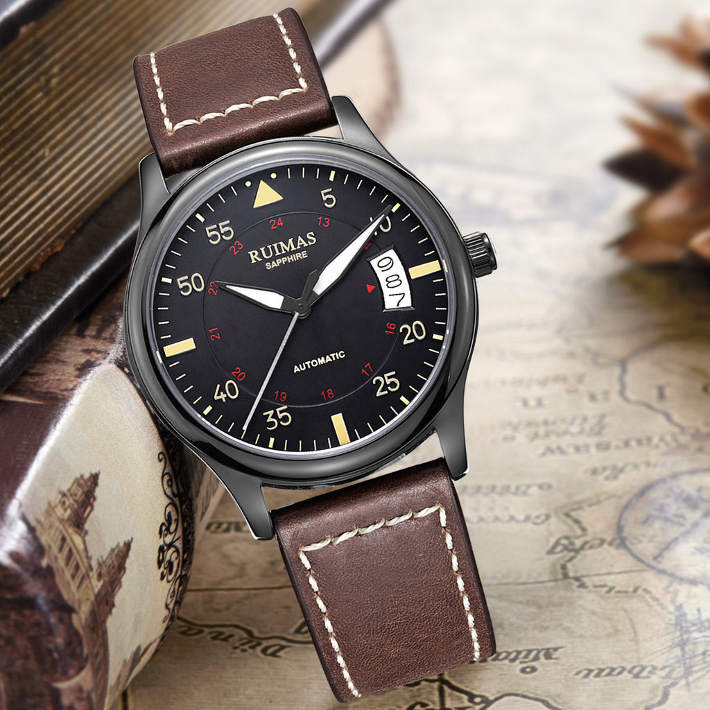 RUIMAS Men Watches Fashion Automatic Mechanical Watch Date Waterproof Business Clock Leather Strap Wristwatch 6725-3