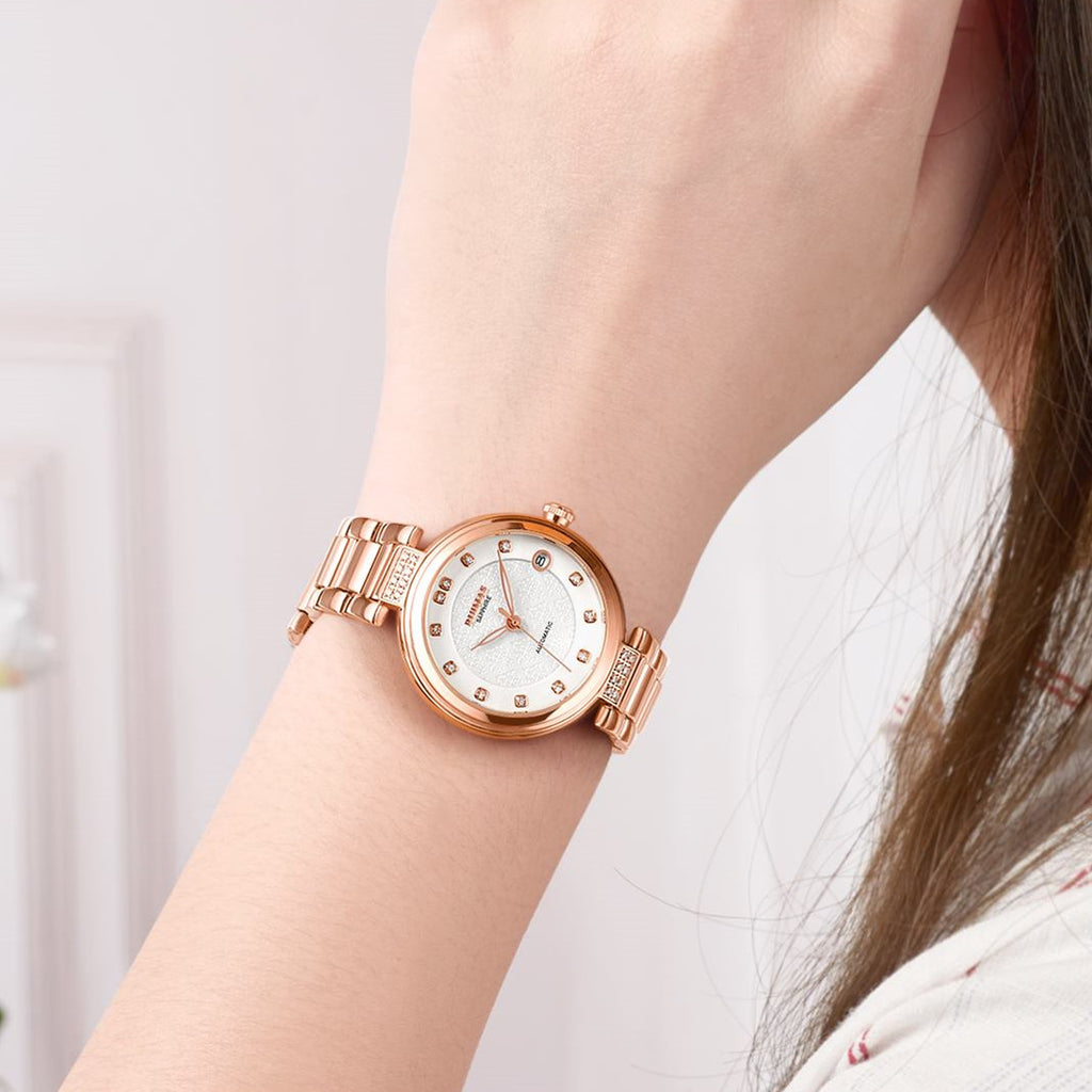 RUIMAS Women Automatic Mechanical Watch Steel Strap Ladies Business Wrist Watch Fashion Waterproof Date Clock Montre Femme 6756-1