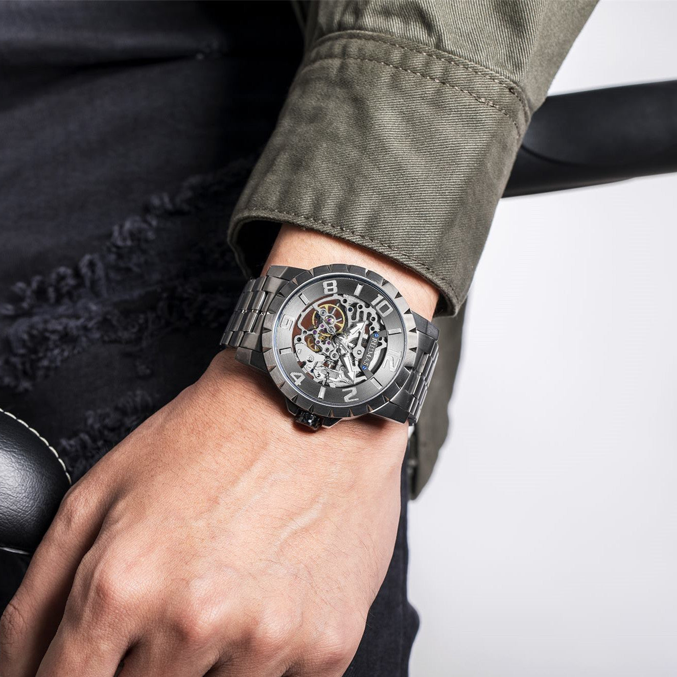 RUIMAS Men Mechanical Watch Luxury Automatic Stainless Steel Bracelet Wristwatches 5ATM Waterproof Clock Relogio Masculino 6784-3