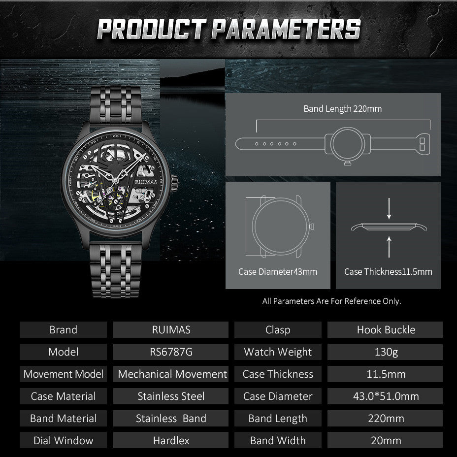 RUIMAS Watches for Men Top Brand Luxury Mechanical Chronograph Clock Stainless Steel Casual Wrist Watch Man Business Watch 6787-5