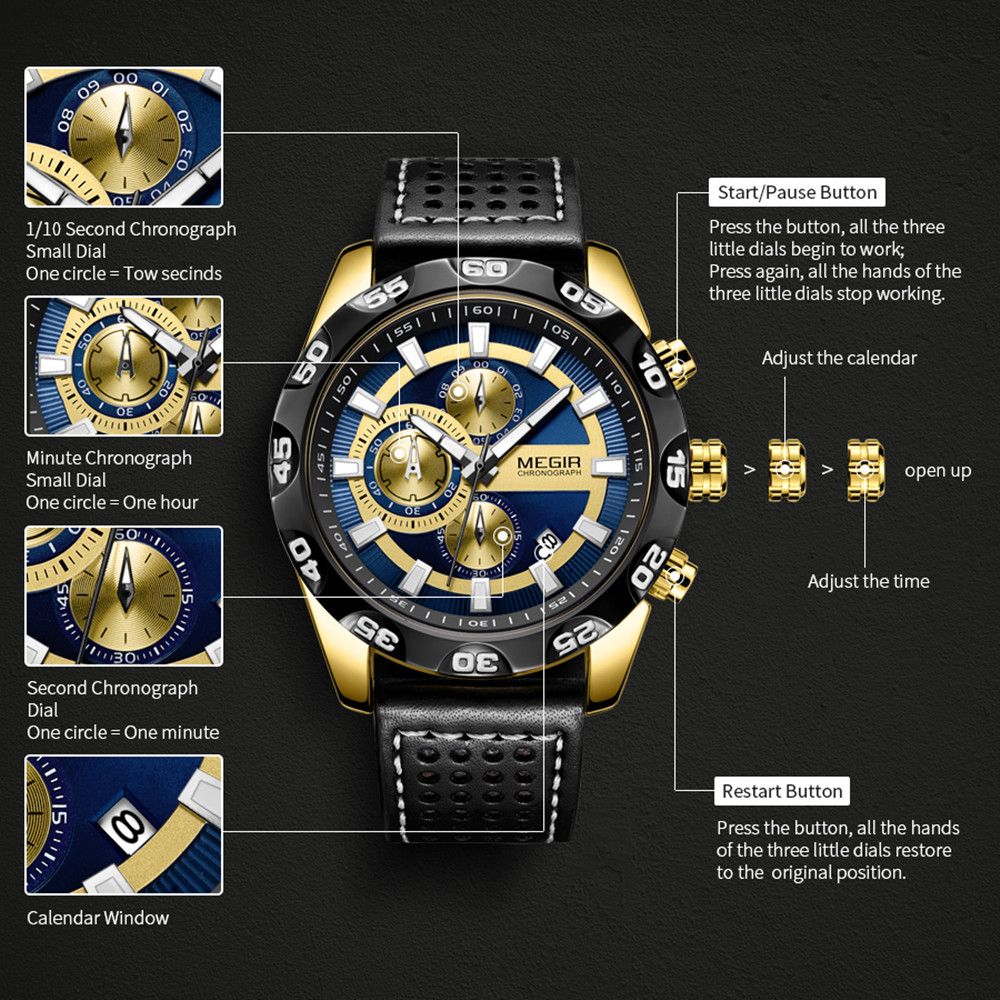 MEGIR Fashion Men's Watch Multifunctional Casual Sport Wristwatch Waterproof Luminous Male Quartz Chronograph Reloj Hombre 2096-9