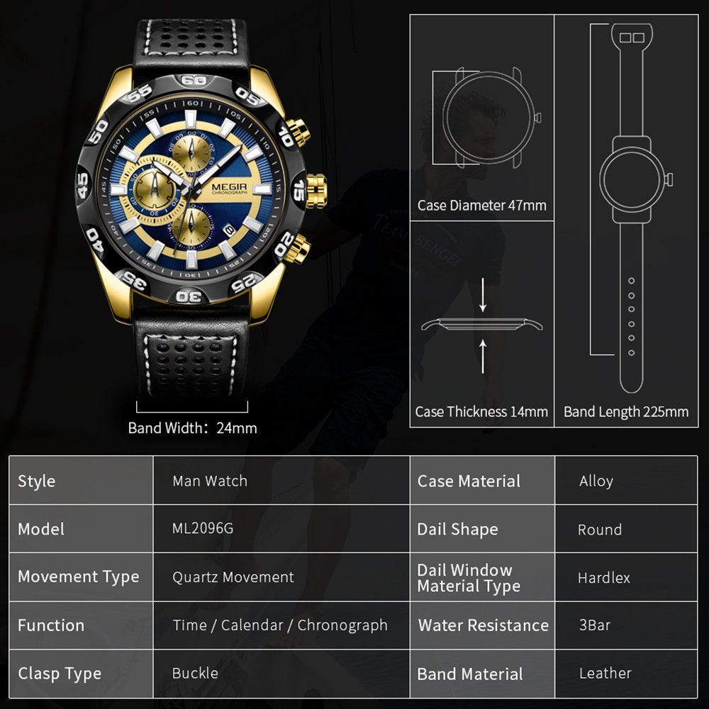 MEGIR Fashion Men's Watch Multifunctional Casual Sport Wristwatch Waterproof Luminous Male Quartz Chronograph Reloj Hombre 2096-10