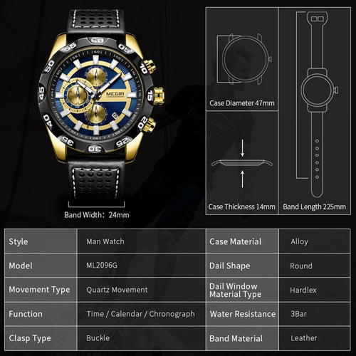 MEGIR Fashion Men's Watch Multifunctional Casual Sport Wristwatch Waterproof Luminous Male Quartz Chronograph Reloj Hombre 2096-10