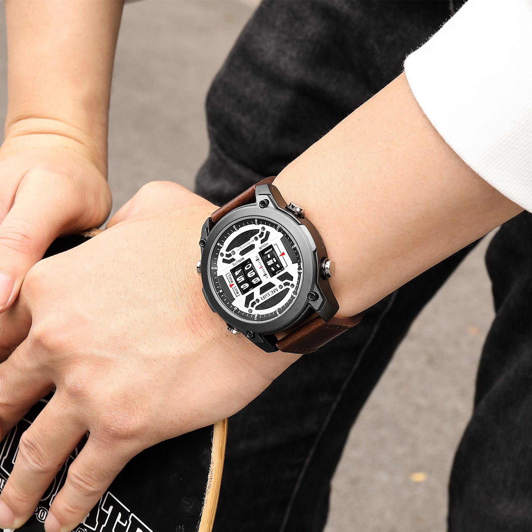 MEGIR Men's Watch Roller Business Casual Wristwatch Leather Fashion Sports Quartz Watch Chronograph Waterproof Male Clock 2142-3