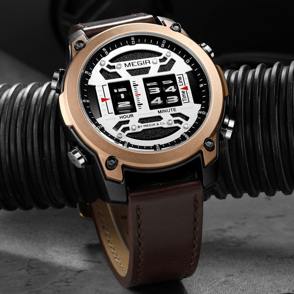 MEGIR Men's Watch Roller Business Casual Wristwatch Leather Fashion Sports Quartz Watch Chronograph Waterproof Male Clock 2142-5
