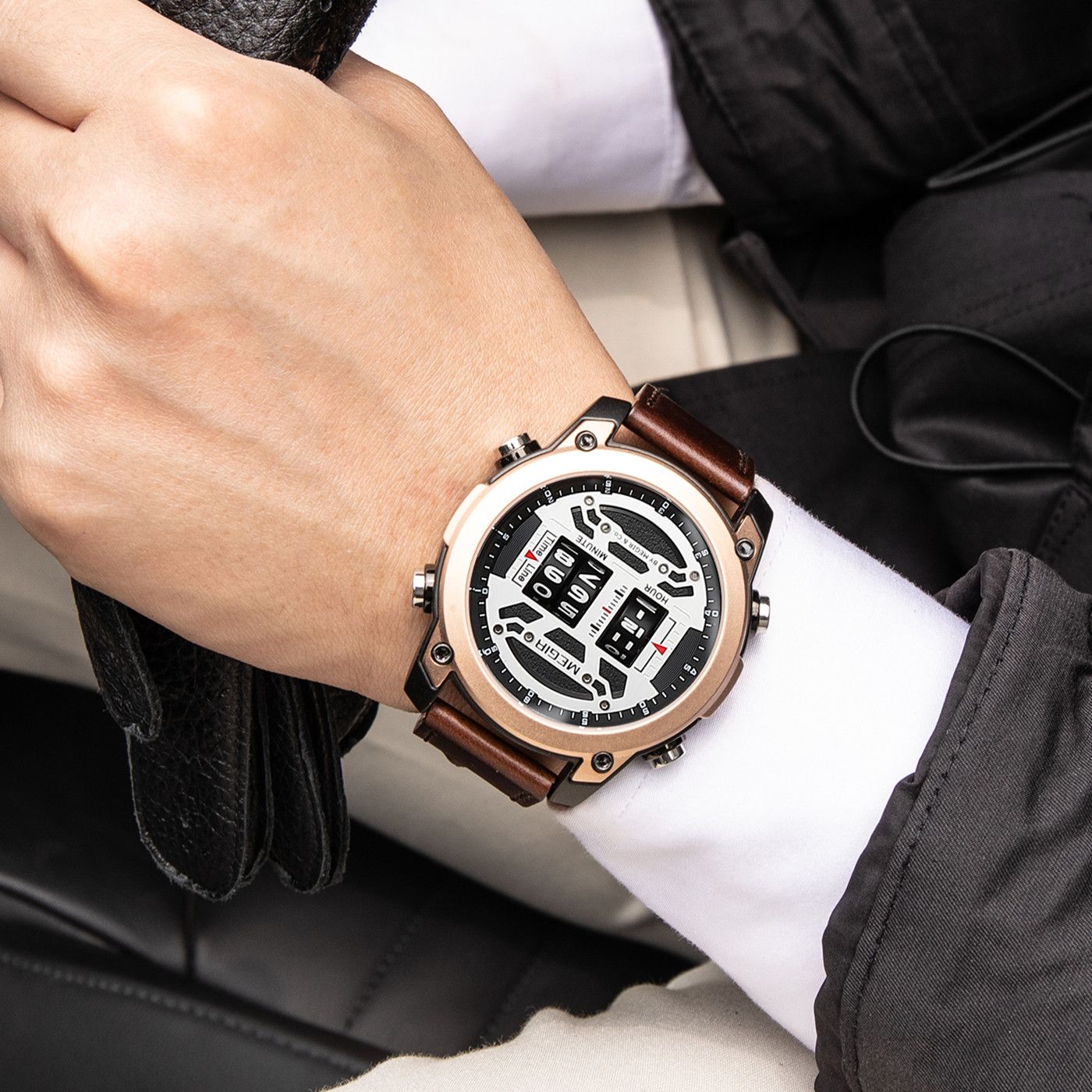 MEGIR Men's Watch Roller Business Casual Wristwatch Leather Fashion Sports Quartz Watch Chronograph Waterproof Male Clock 2142-1